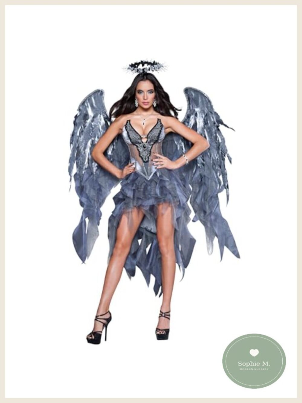 Dark Angel Costume Dress with Wings and Halo, Satin Organza Chiffon